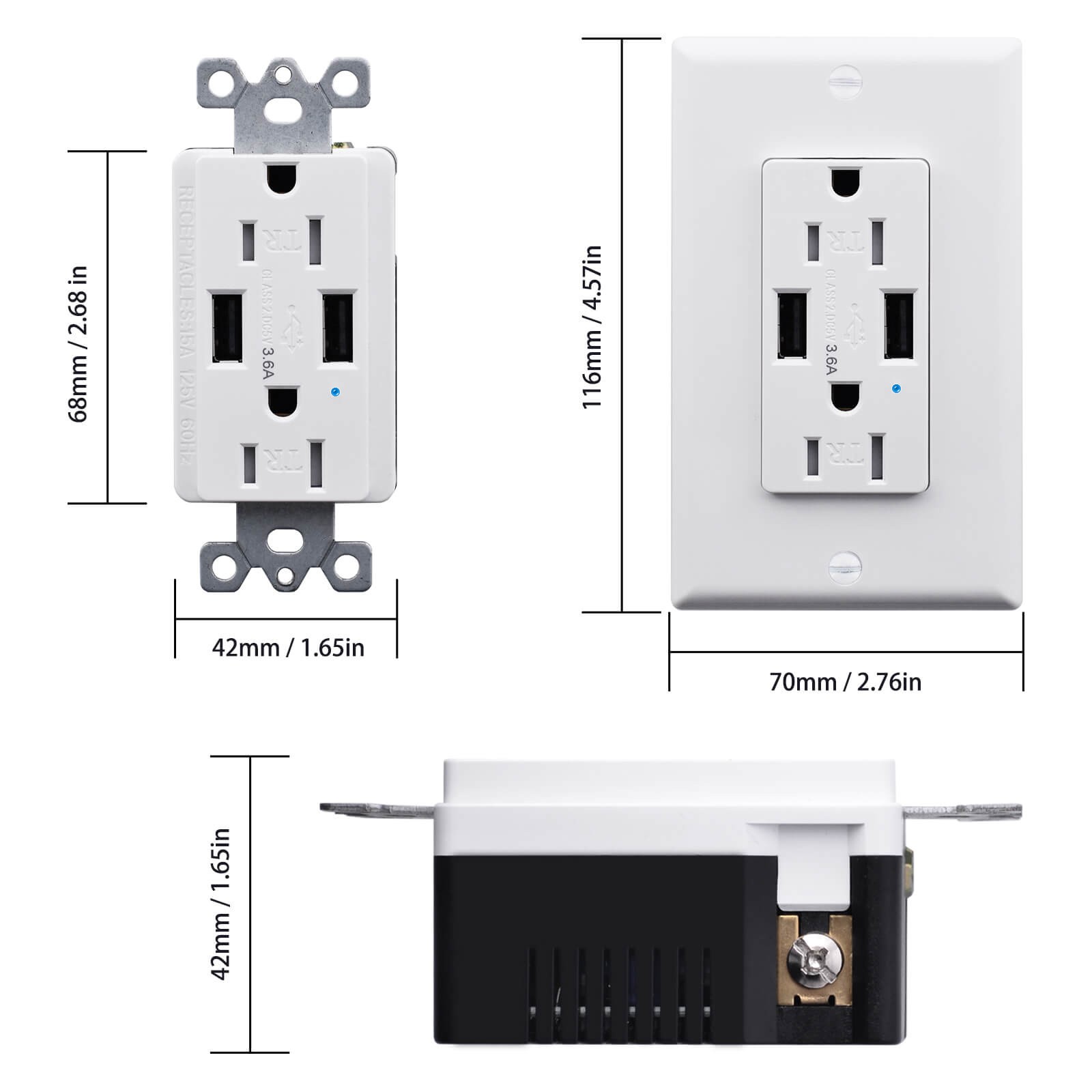 3.6 Amp USB Charger Wall Outlet 15 Amp TR Receptacles for iPhone SE/11/XS/XR/X/8