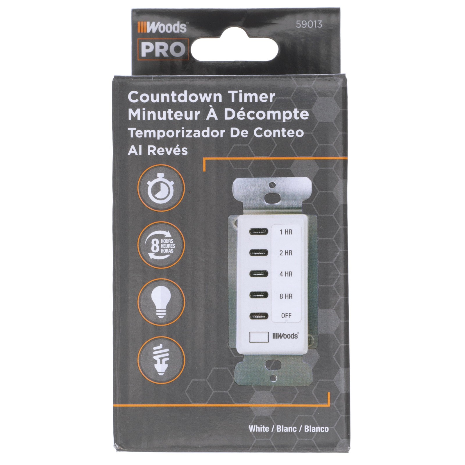 Woods 59013 in-Wall Timer; 120 V; 15 A; 2; 4; 8; 12 Hr Off; 8-Hour, White