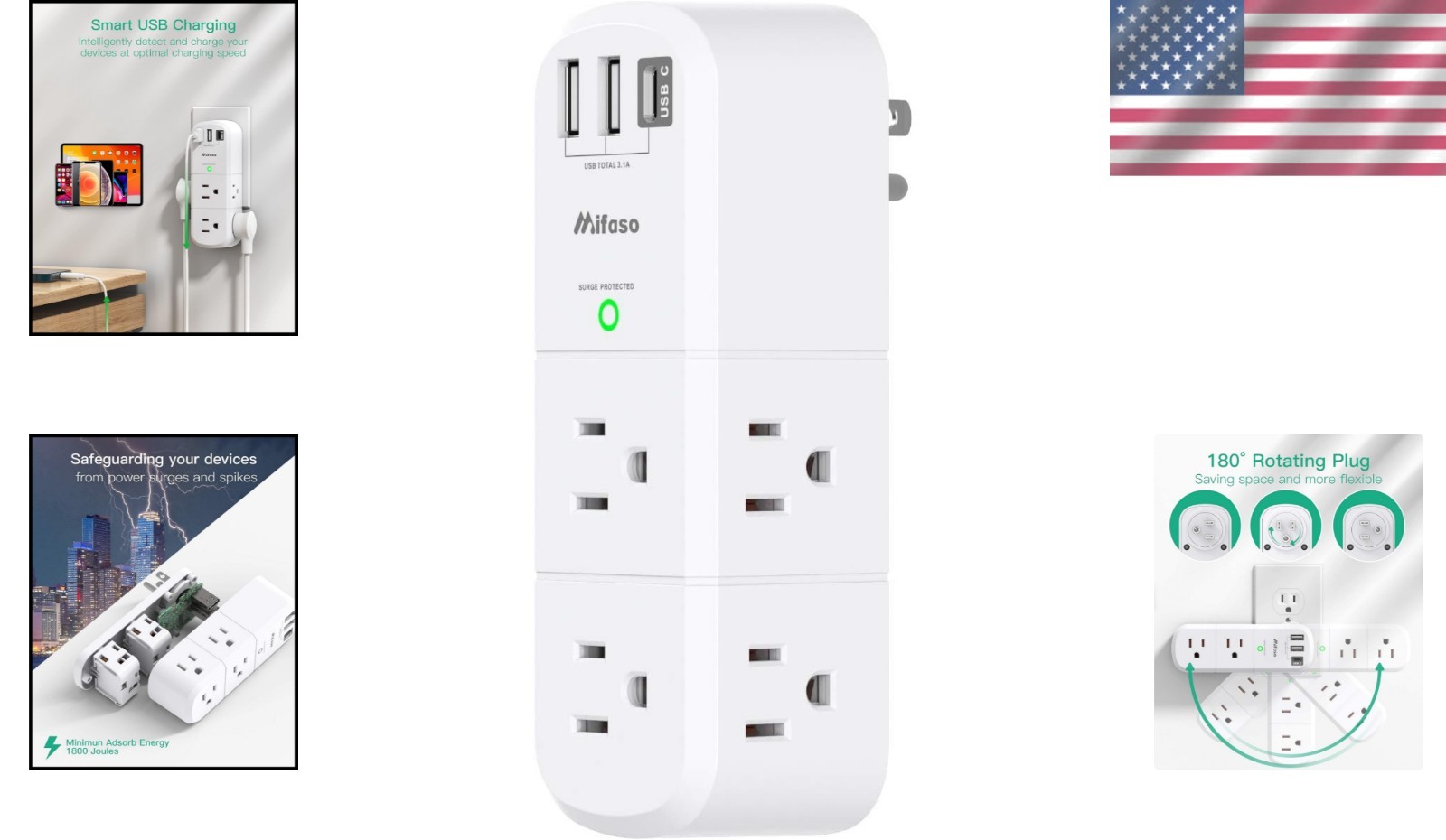 Mifaso USB Power Strip with 9 Outlets – 1800J Surge Protector and Rotating Plug