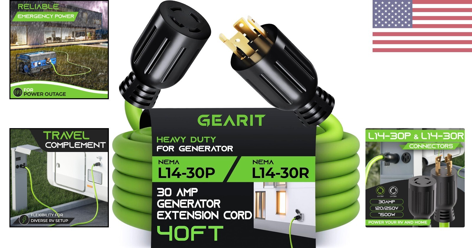 40ft Generator Extension Cord – 30 Amp, 4-Prong, 120/250-Volt, 7500W, Weather…