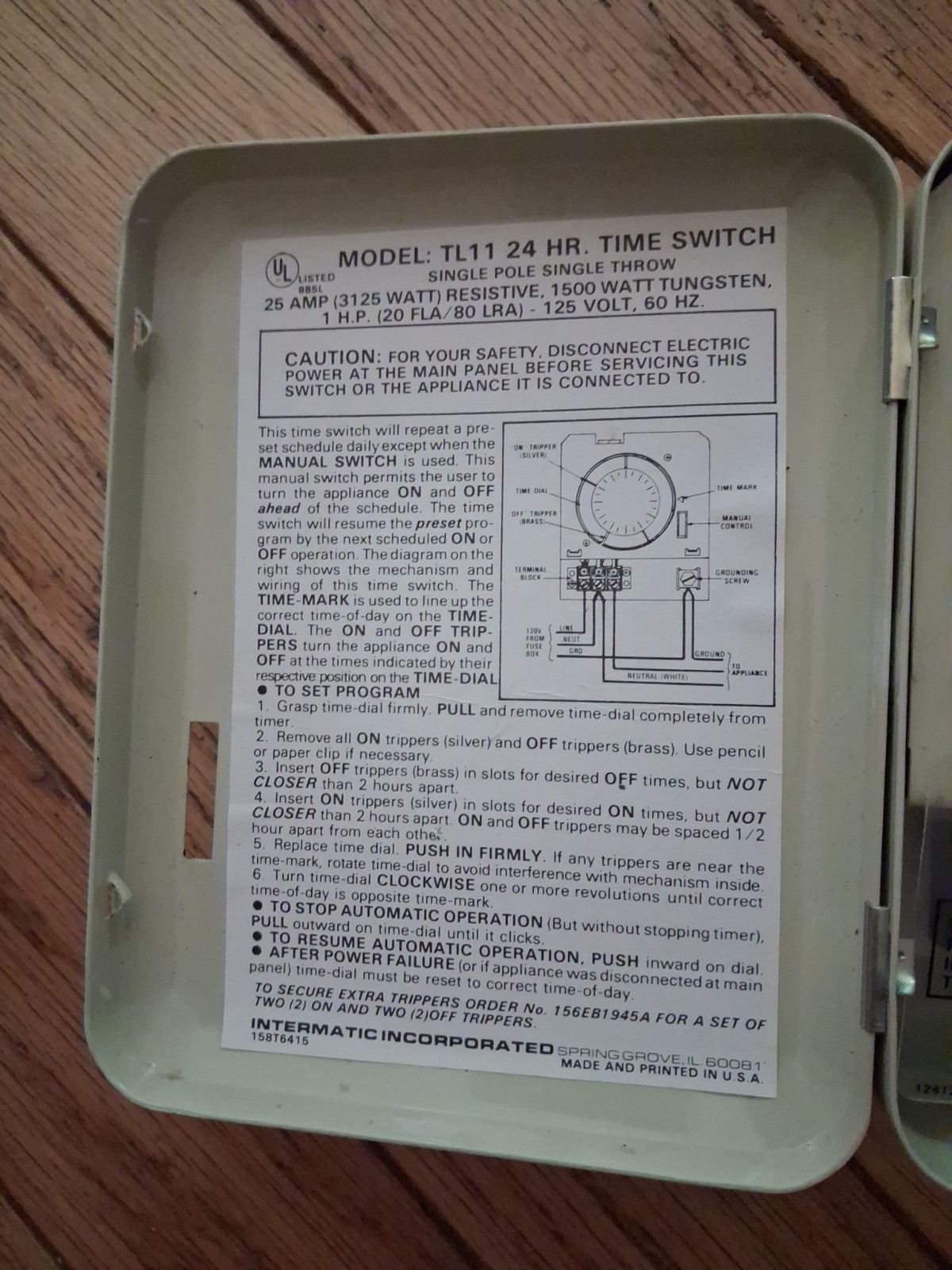 Intermatic Electric Water Heater Timer TL11 25 Amp 125 Volts.