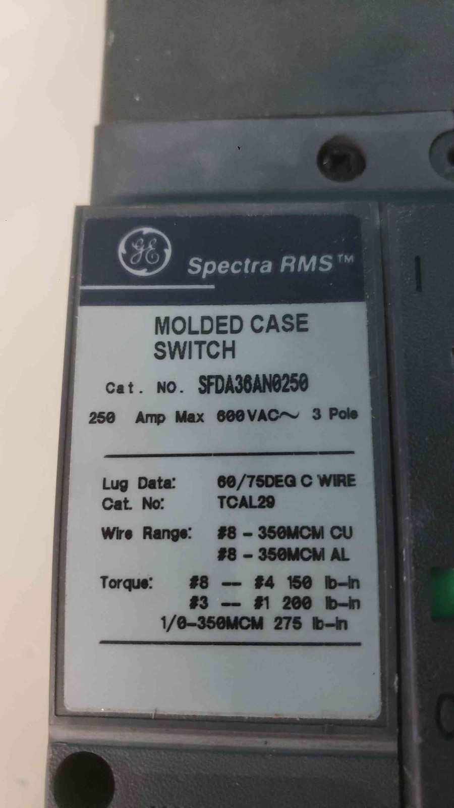 GE Spectra RMS SFDA36AN0250 Molded Case Switch 250A 3P 600V with SFDA250 Rating