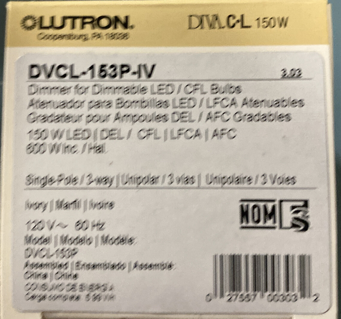 LutronDIVA 150 W, DVCL-153P-IV Diva Dimmable CFL/LED Dimmer IVORY NEW