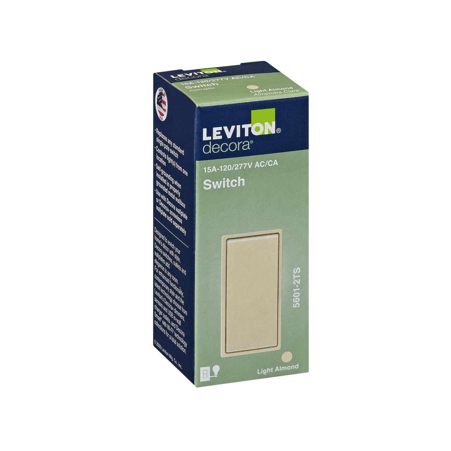 Leviton 05601-2TS Light Almond 1-Pole Rocker AC Quiet Switch 4.2 H x 1.4 W in.