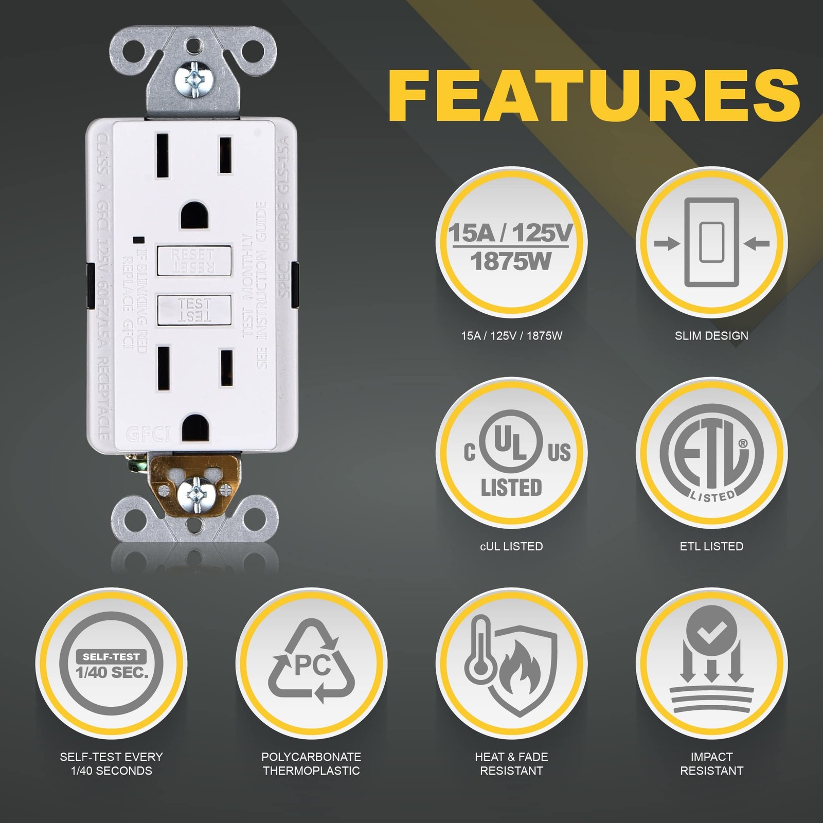 15A GFCI Outlets [3-Pack], ETL Listed, Non-Tamper-Resistant GFI Duplex Recept…