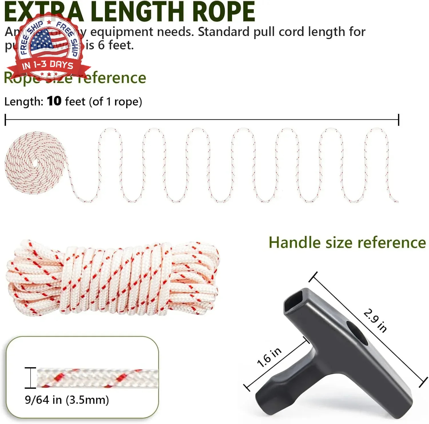 3 Pack, 10 ft x 9/64″ (3.5mm) Pull Cord Rope with Handle, Premium Starter Rope w