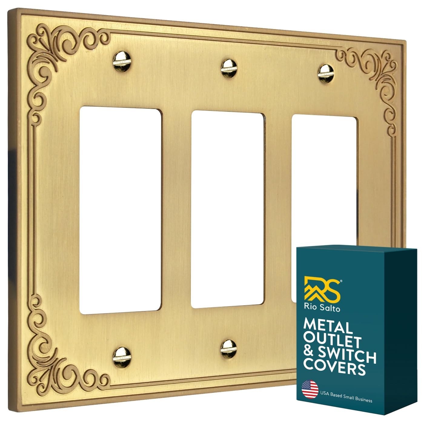Brushed Brass Gold Decorative Triple Rocker Light Switch Plate – 3-Gang Wall Cov