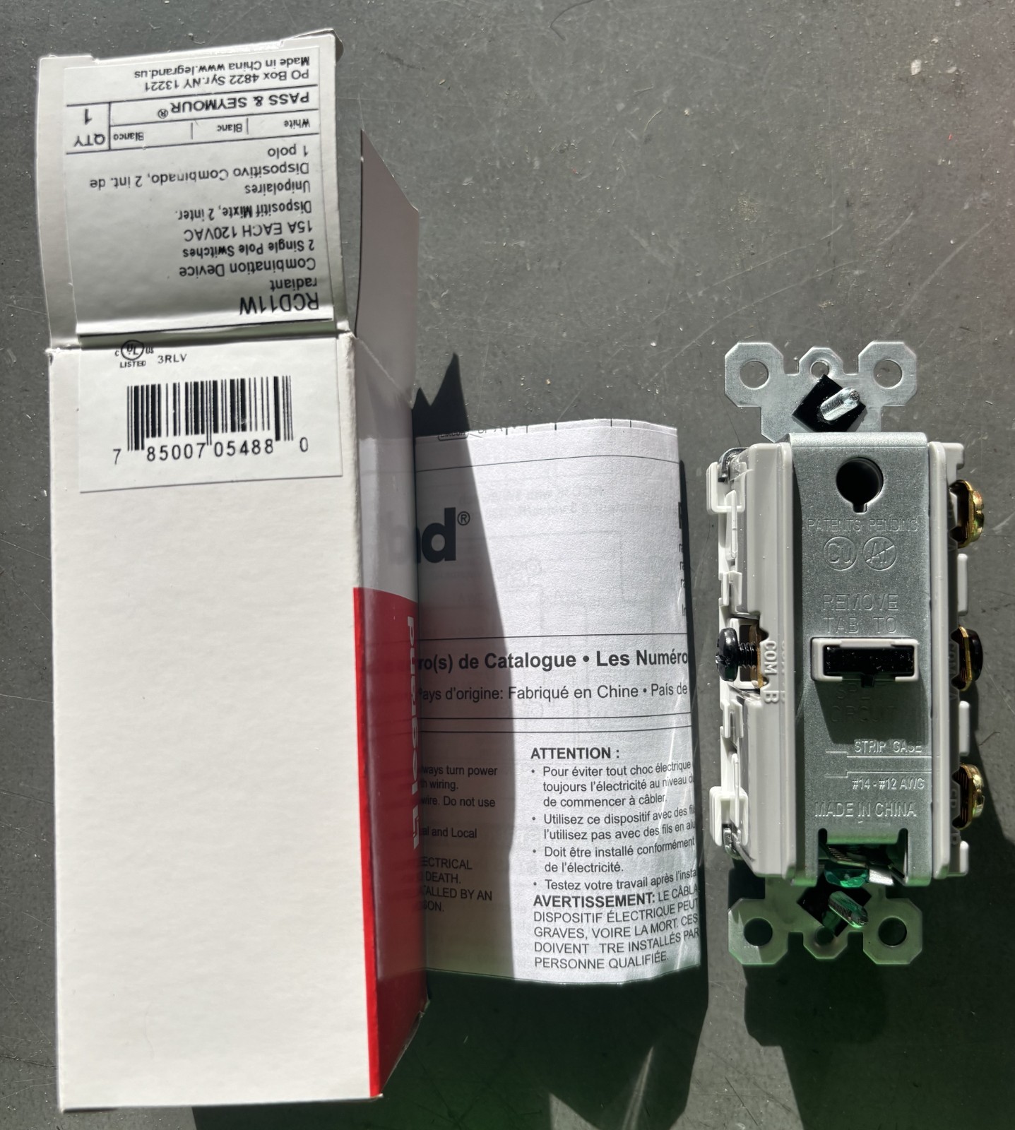 P&S RCD11W 15A 120V Radiant Combination (2) S/P Switches, White – New In Box