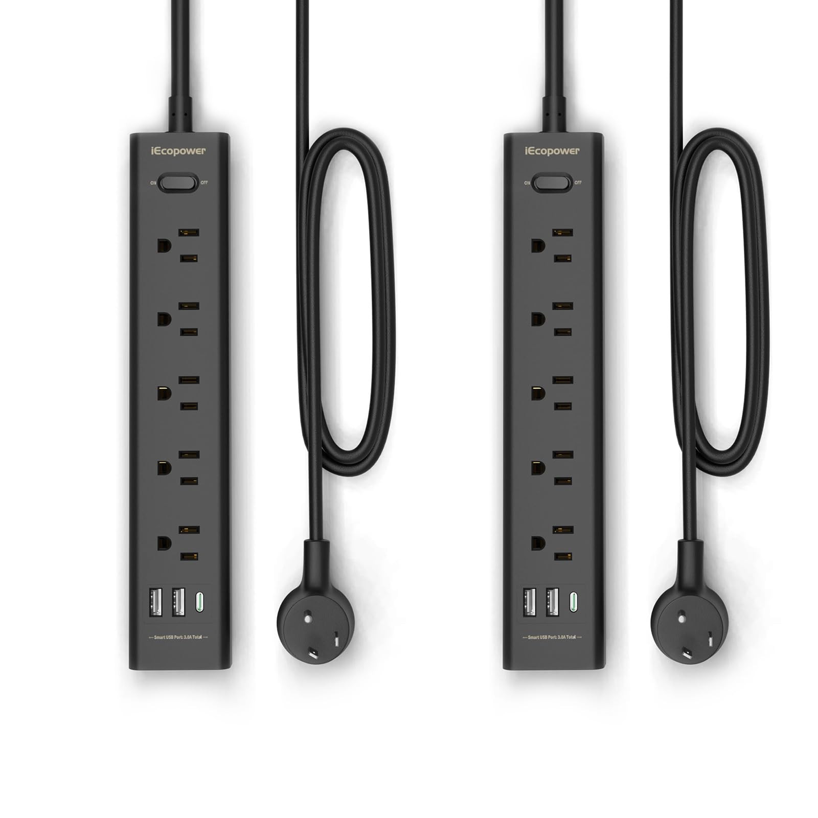2 PCS Power Strip Surge Protector 5 Outlets 3 USB 5FT Extension Cord Wall Mount