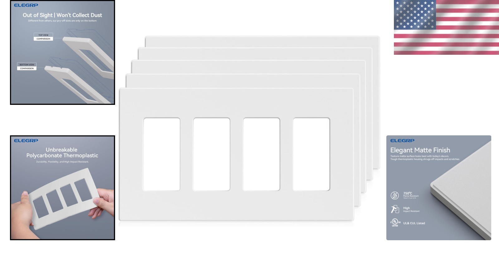 4-Gang Screwless Wall Plates, 5 Pack, Matte White