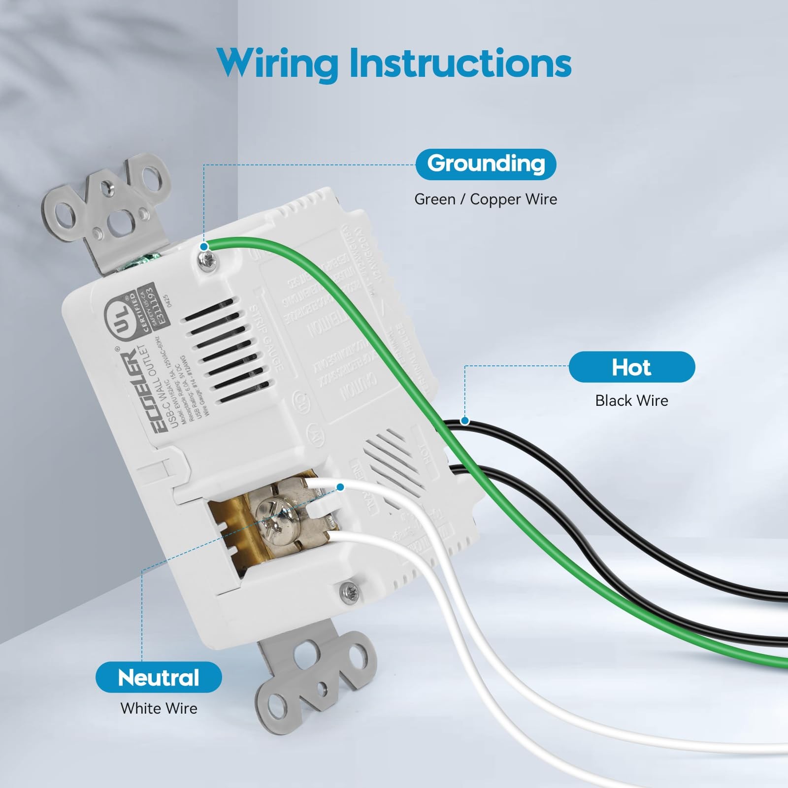 USB Wall Outlets 6.0A Charging Power Outlet Type A C 15 Amp Receptacle White