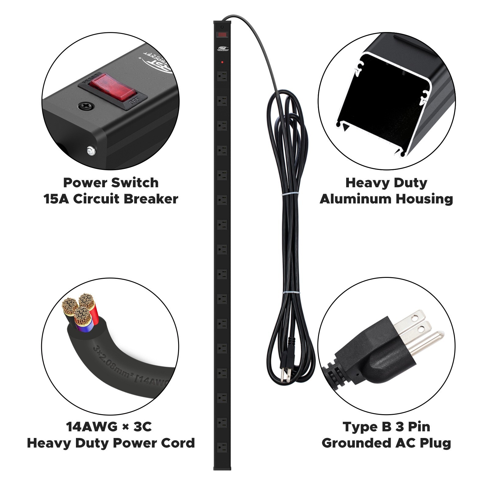 Power Strip 16 Outlets Multi Metal Housing Heavy Duty 15 Feet Cord Black CRST
