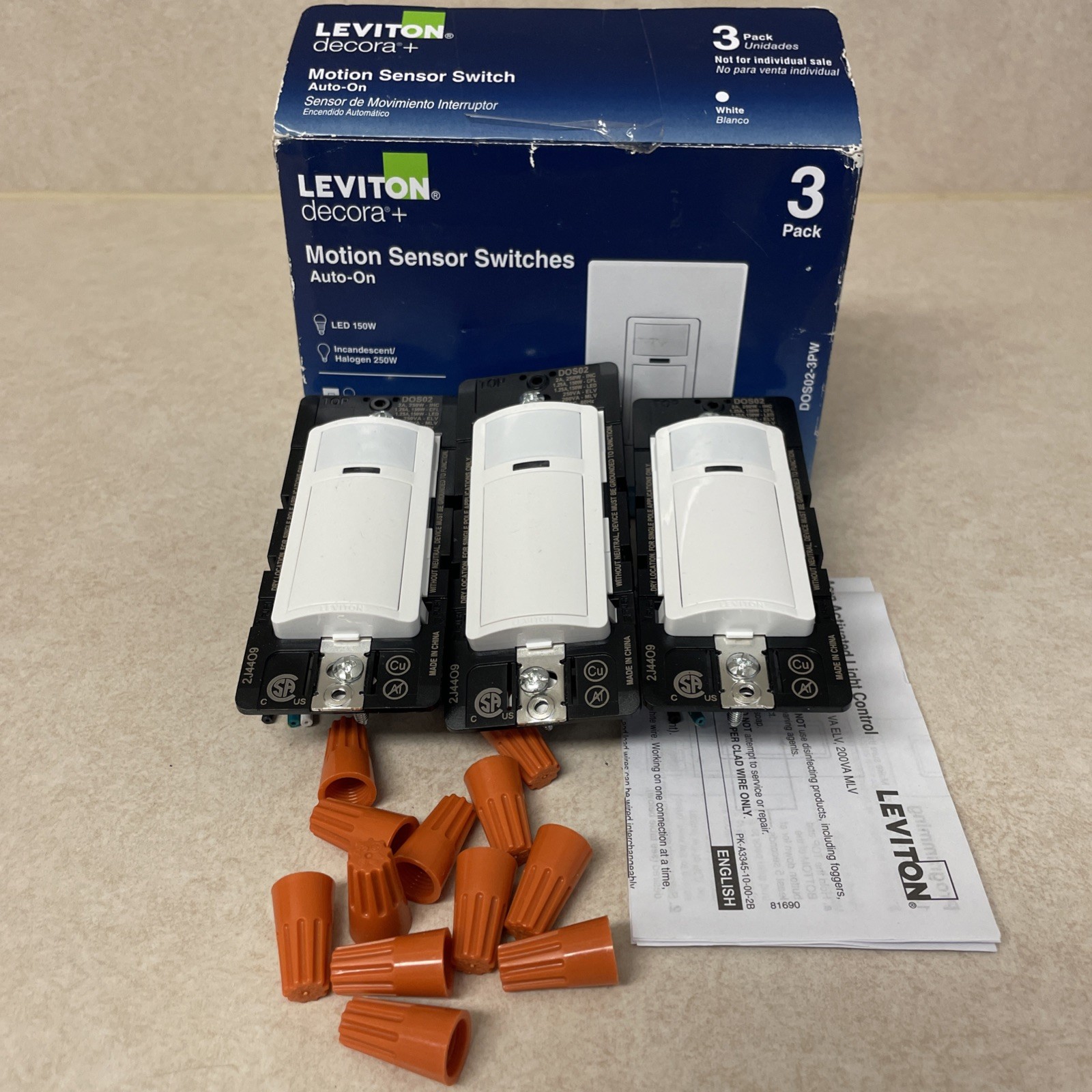 Leviton Decora Motion Sensor Switches DOS02-3PW Auto-On 2A Single Pole-3Pack H3