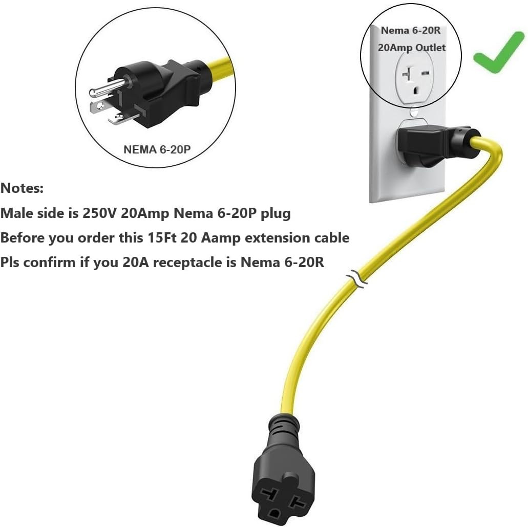 15-Ft Nema 6-20P Extension Cord 20-Amp 250 Volt Nema 6-20 Extension Cable 12AWG,