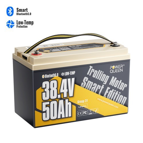 Power Queen 36V 50Ah Bluetooth Group31 LiFePO4 Battery for Marine Trolling Motor