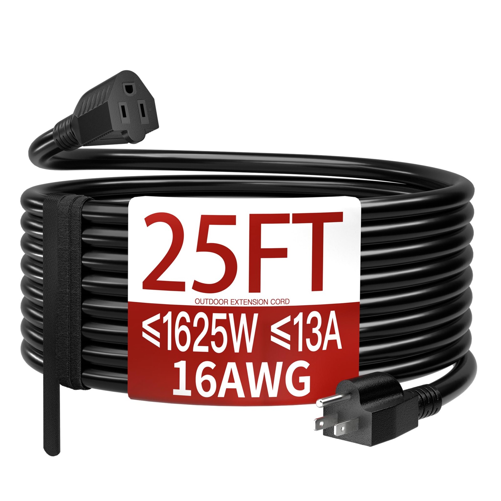 16/3 25 Ft Outdoor Extension Cord Waterproof, Black Power Cord | Weatherproof