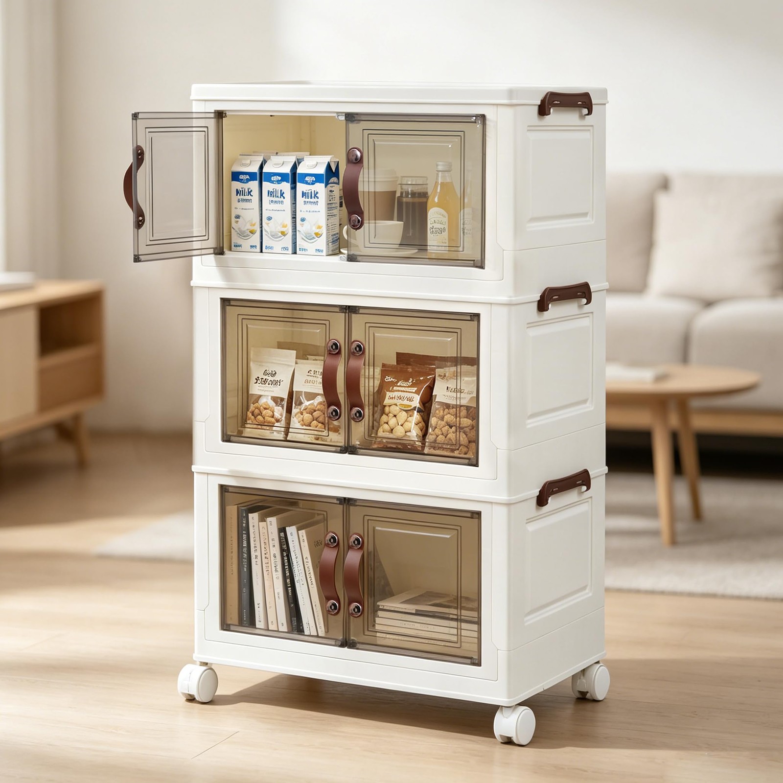 Stackable Storage Bins with Wheels, Foldable Cube Storage Organizer with Magneti