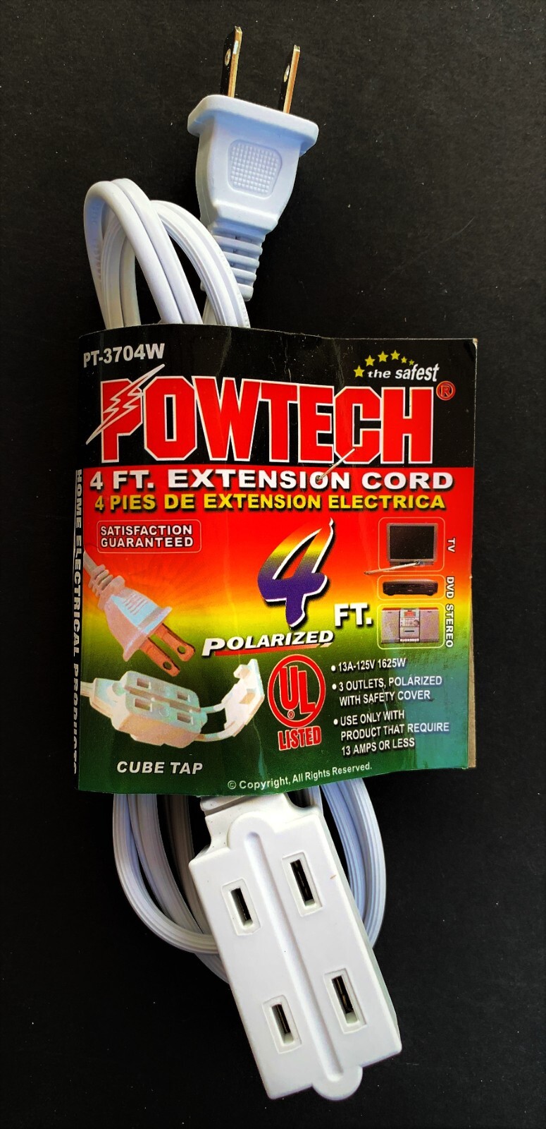 4ft White Electrical Extension Cord Power Wire 2 Prong 3-Way Electric Adapter