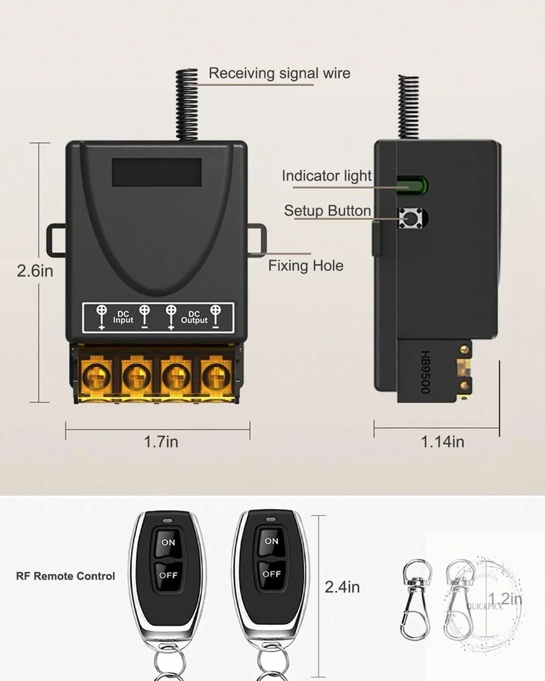 30A 12V Wireless Remote Control Switch Kit – Heavy Duty Relay with 2 Remotes
