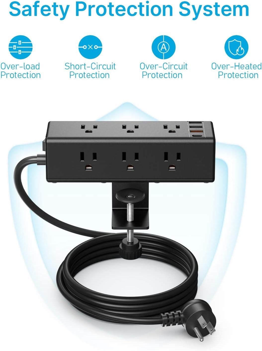 Desk Clamp Power Strip with 9 Outlets 4 FT Flat Plug Desktop Edge Mount Surge