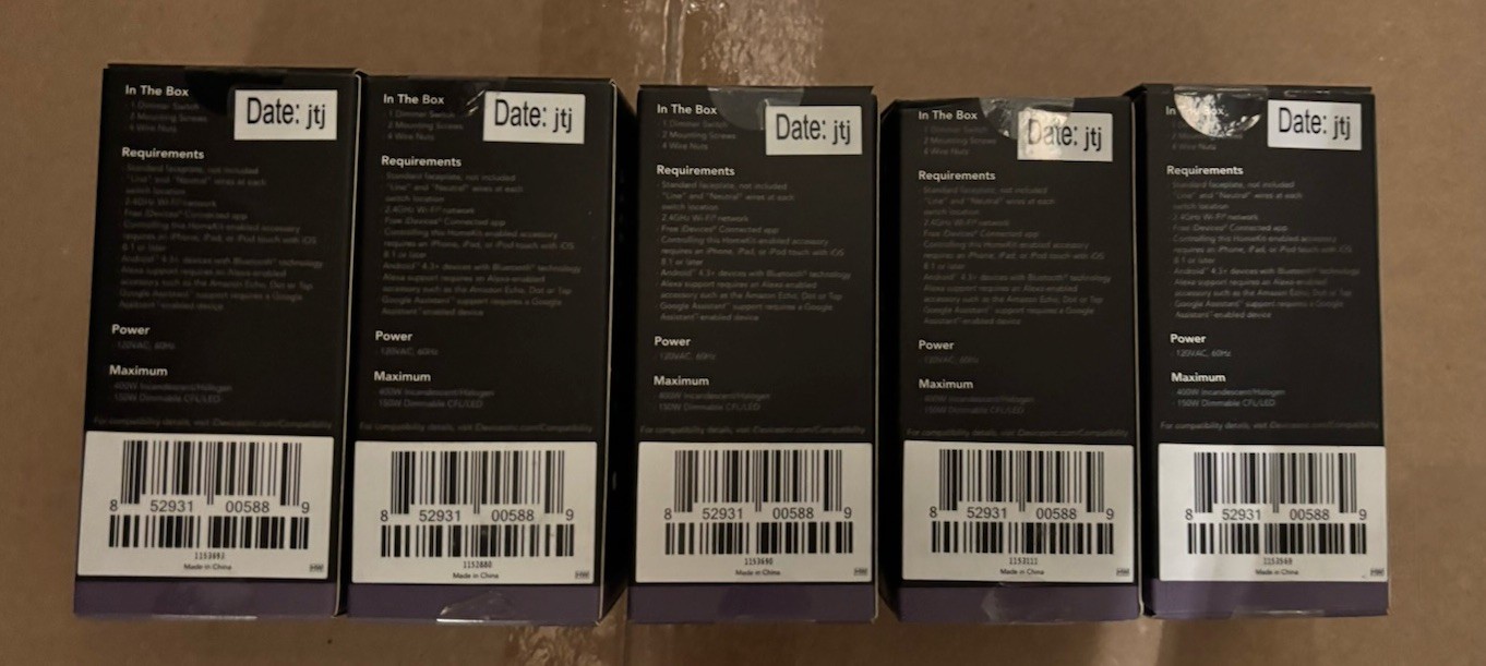 Lot of 5 New iDevices IDEV0009 120VAC Wi-Fi Enabled Smart Dimmer Switch White
