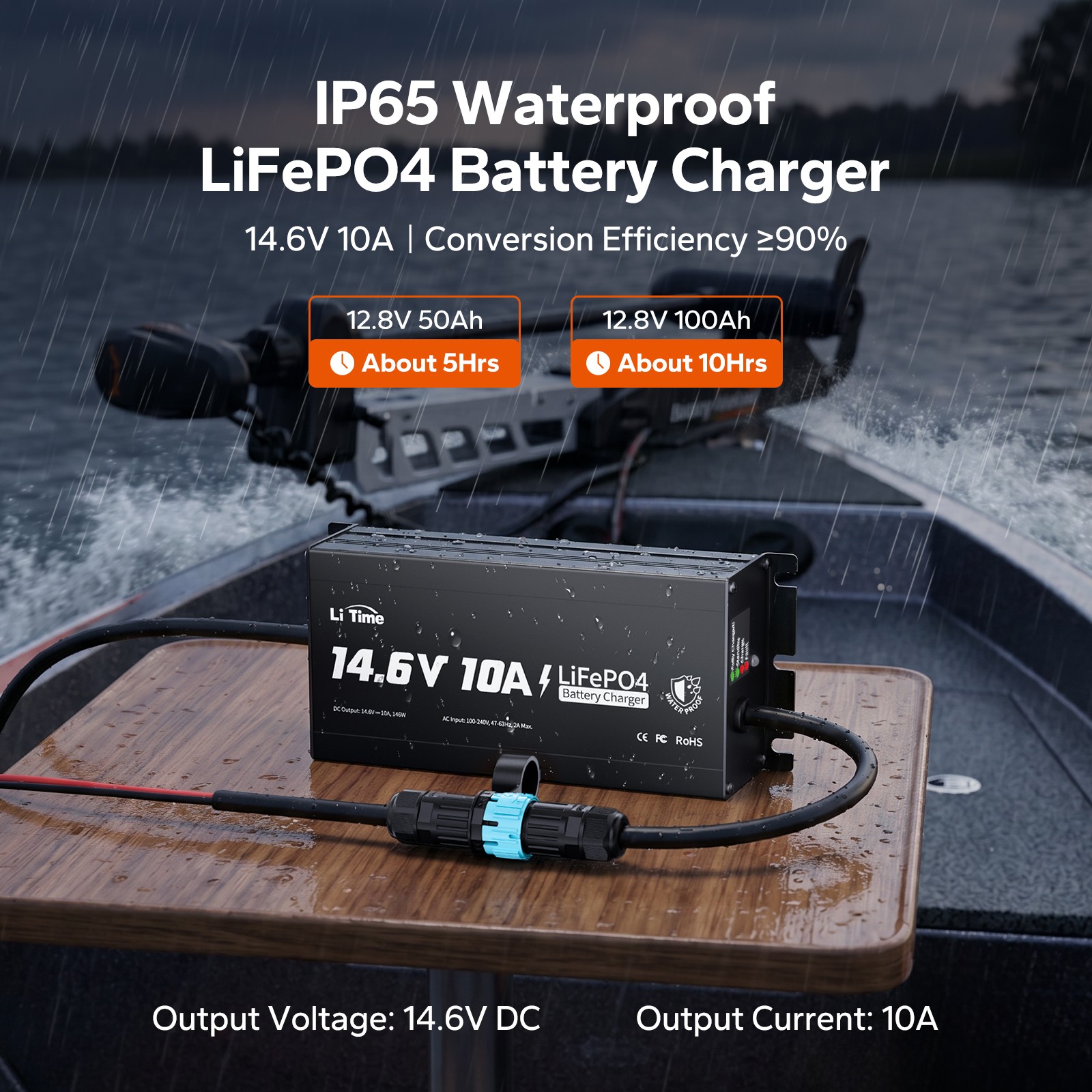 LiTime Waterproof 14.6V 12V 10A LiFePO4 Onboard Charger for Marine-Refurbished