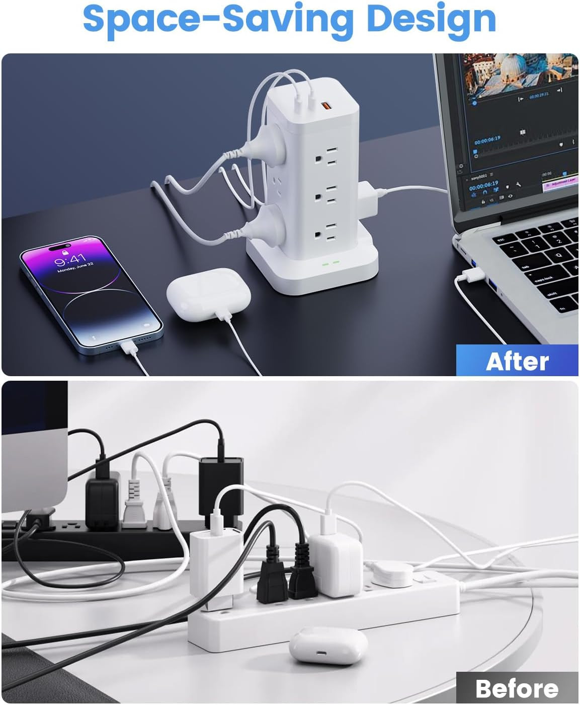 15-In-1 Power Strip Tower with Surge Protector 1800J, Fast Charging Tower PD20W