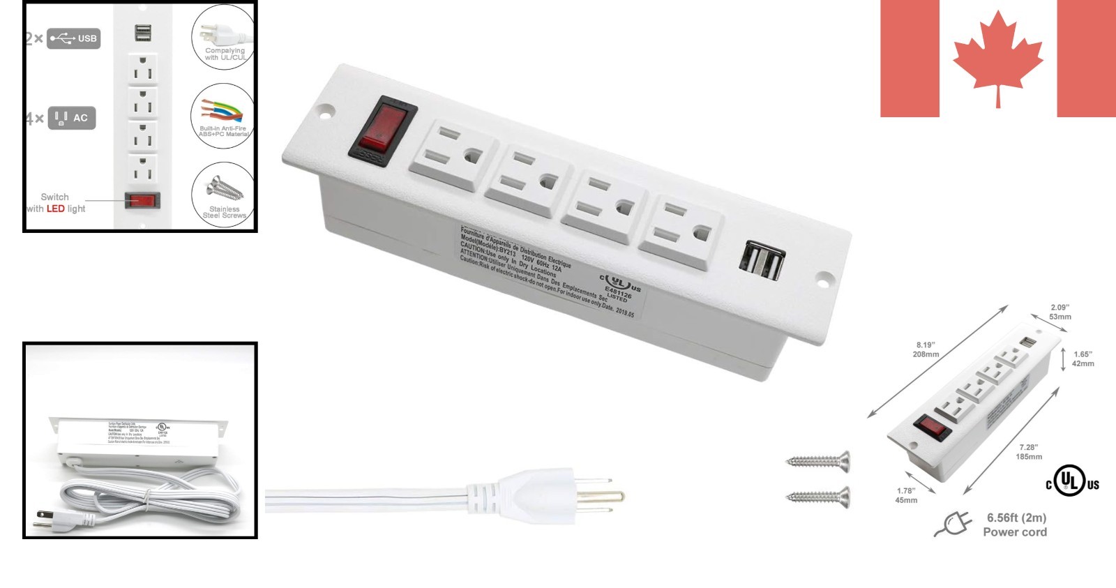 -Certified Recessed Power Strip with On/Off Switch & Scratch-Resistant Finish