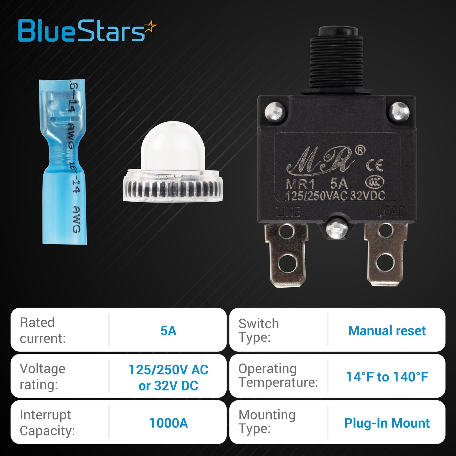 BlueStars 5Pcs 5Amp Circuit Breakers Push Button Manual Reset As Pictured