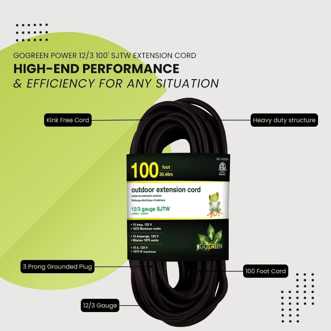 Heavy Duty Black Extension Cord, 12/3 SJTW by GoGreen Power