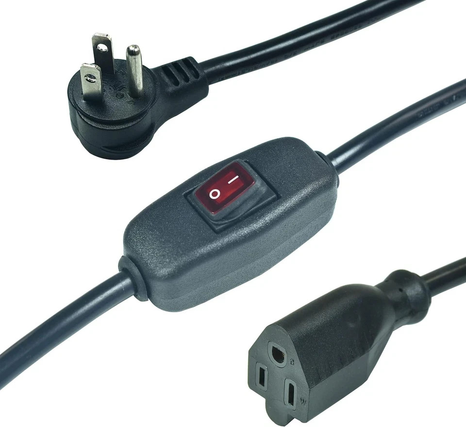 Flat Plug Extension Cord with ON Off Waterproof 3-Prong Plug, black