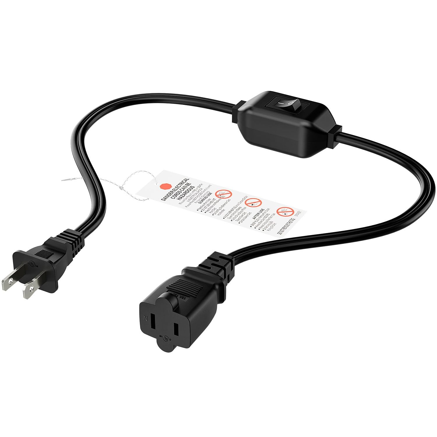 0.6m 2-Prong Extension Cord with Switch, 2 Outlets, 16AWG, 12A/125V
