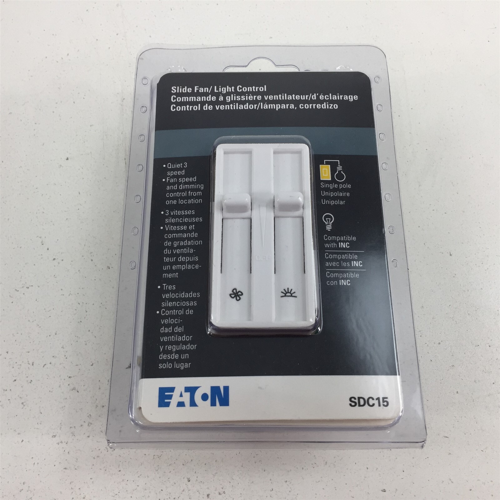 Eaton SDC15-W-K 3 Speed Slide Fan / Light Control With Non-Preset White SDC15