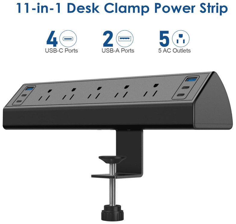 Desk Clamp Power Strip USB C, 6 USB, 5 AC, 40W Fast Charge, Surge, ETL Listed
