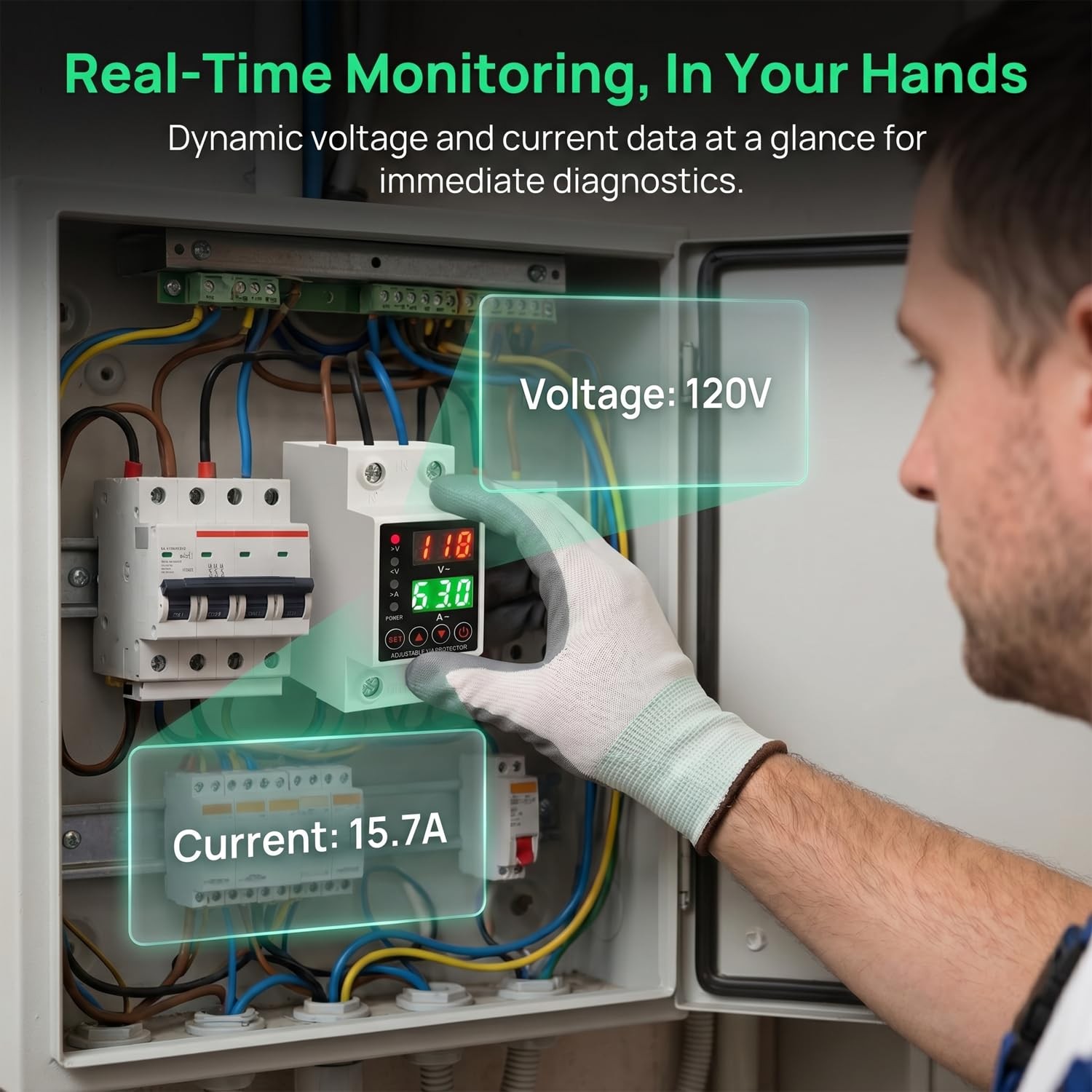 63A Smart Voltage Protector 110V 220V LCD Display Adjustable DIN Rail Mount