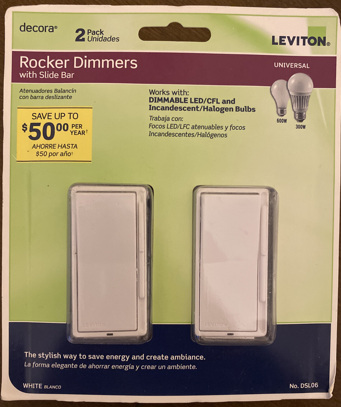 NIB WHITE LEVITON DSL06 DECORA ROCKER DIMMERS WITH SLIDE BAR SET OF 2 , 600W