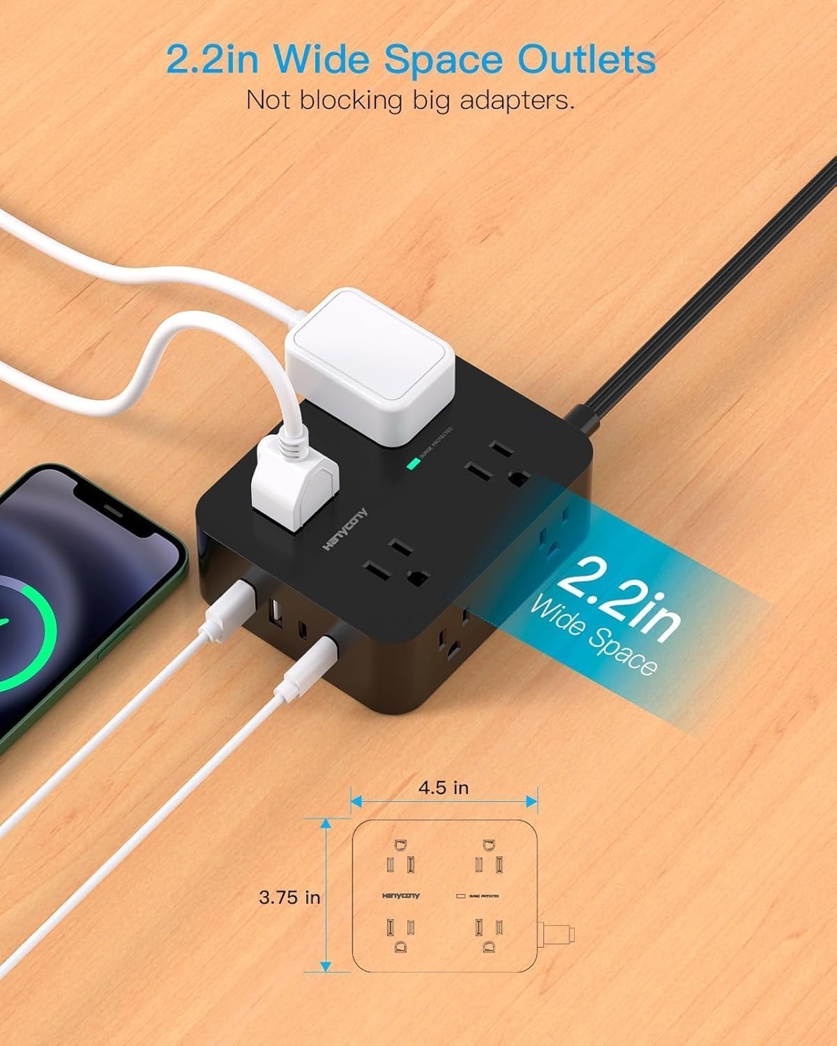8-Outlet Surge Protector Power Strip with 4 USB & 2 USB-C Ports, 1080J Black