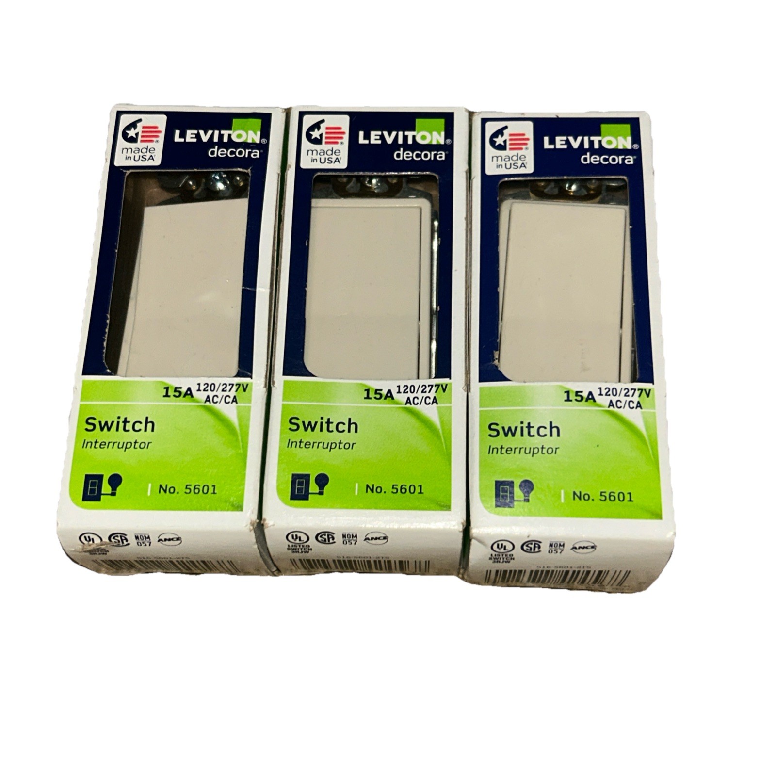 (3) Leviton 5601-2TS Light Almond Decora Single Pole Switch 15A-120/277V FS NEW
