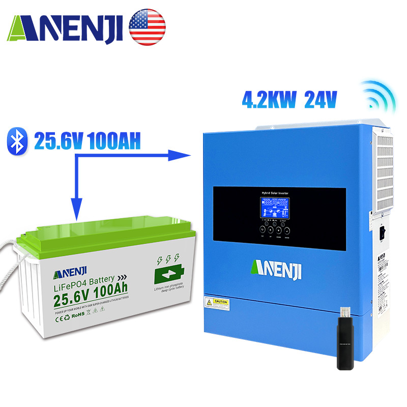 4200W 24V Hybrid Solar Inverter Charger Controller + 25.6V 100AH LiFePO4 Battery