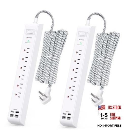 2 Pack Extension Cord 10ft Power Strip – Surge Protector with 6 10 FT White