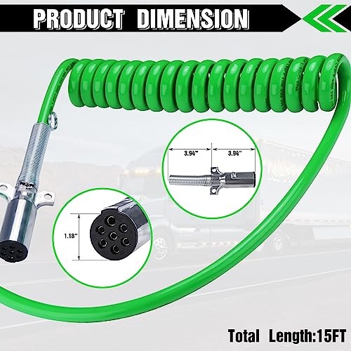 Green ABS Electrical Power 15FT Longtail Coiled Cord – 7 Ways