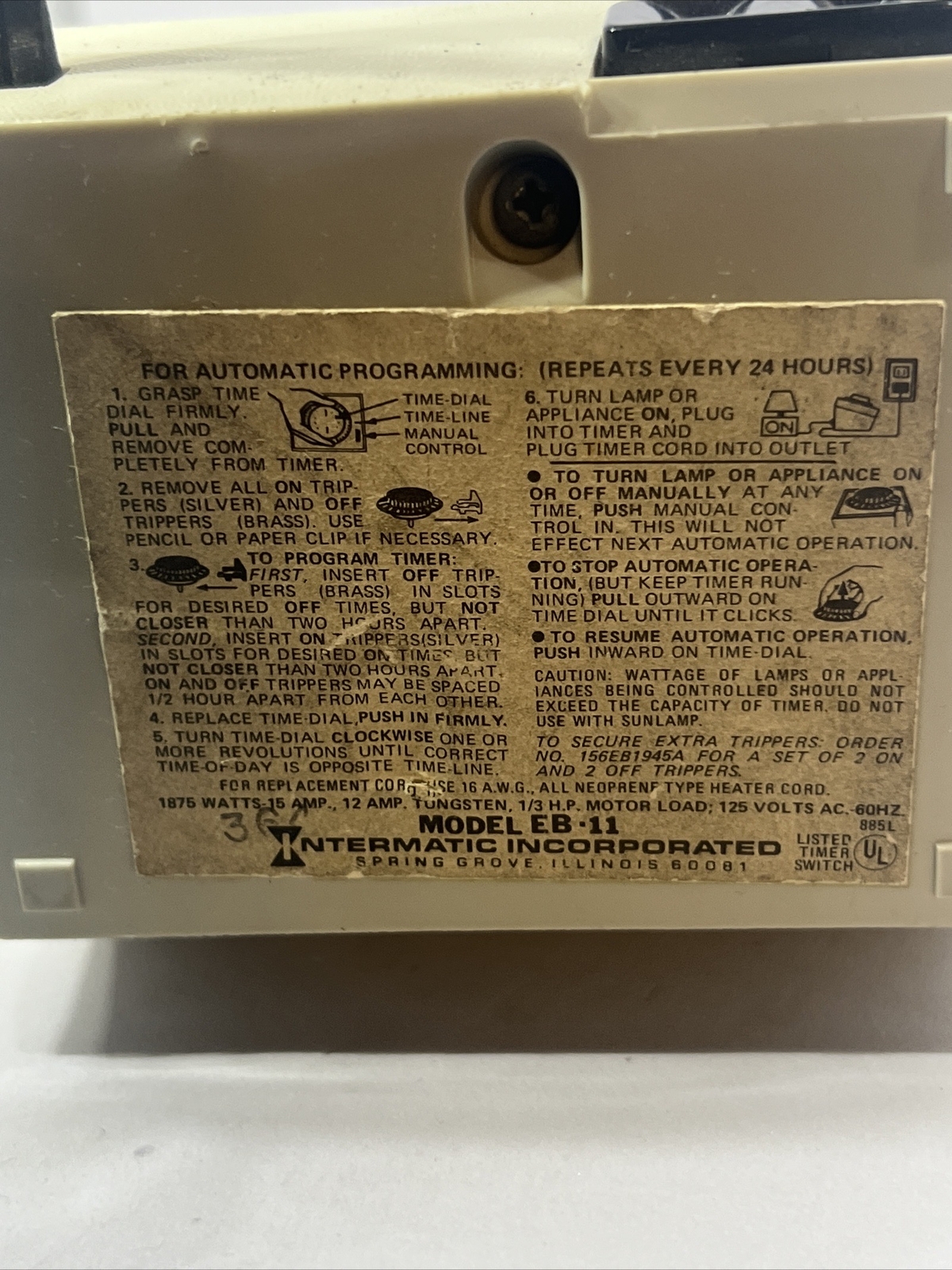 Intermatic Time-All XV EB11 Programming Timer 15 Amp 24 Hours Cycle