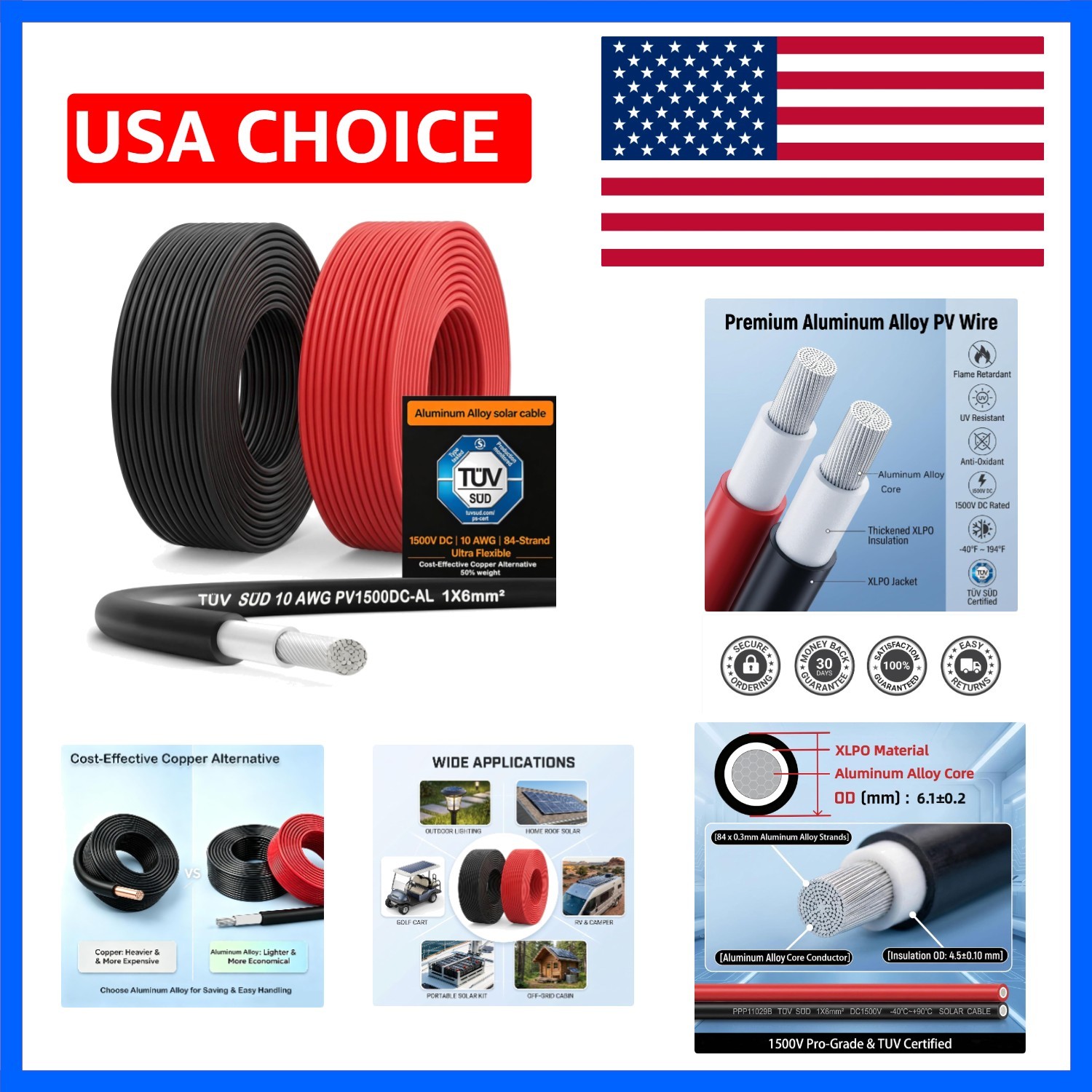 10 AWG Solar Panel Wire 2×20 FT, 1500V DC PV Wires, 6mm² Flexible 84 Strands …