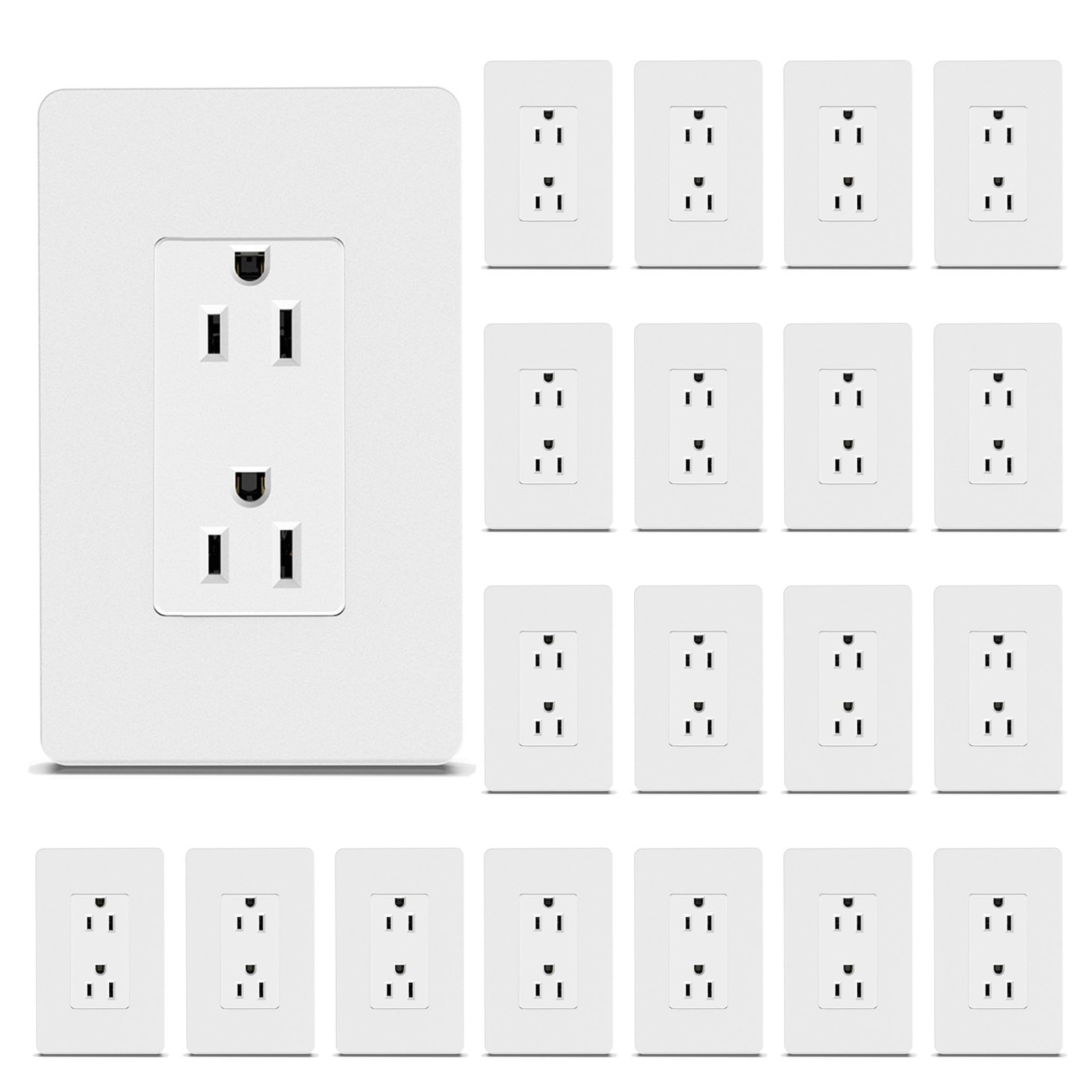 Matte White Decorator Outlet with Wall Plate, 15 Amp, Self-Grounding, UL Listed,