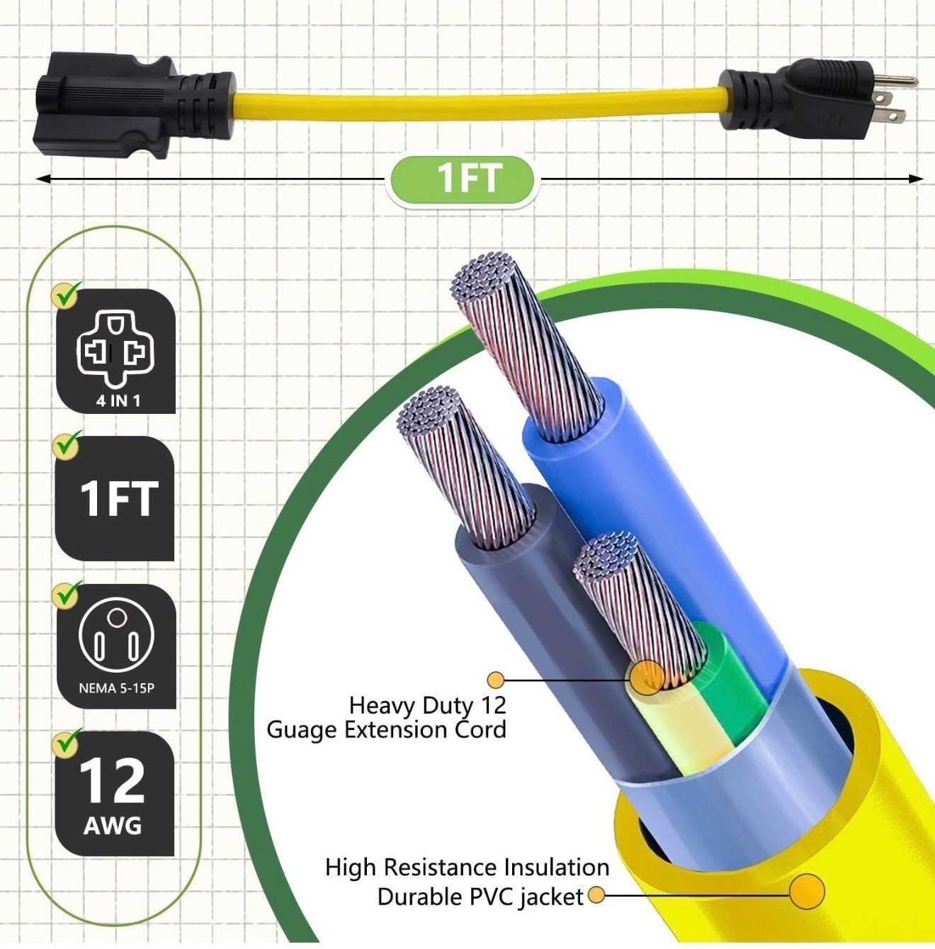 Heavy Duty 4-In-1 12 Gauge Extension Cord Multi-Plug Dryer Adapter 125V & 250V Y