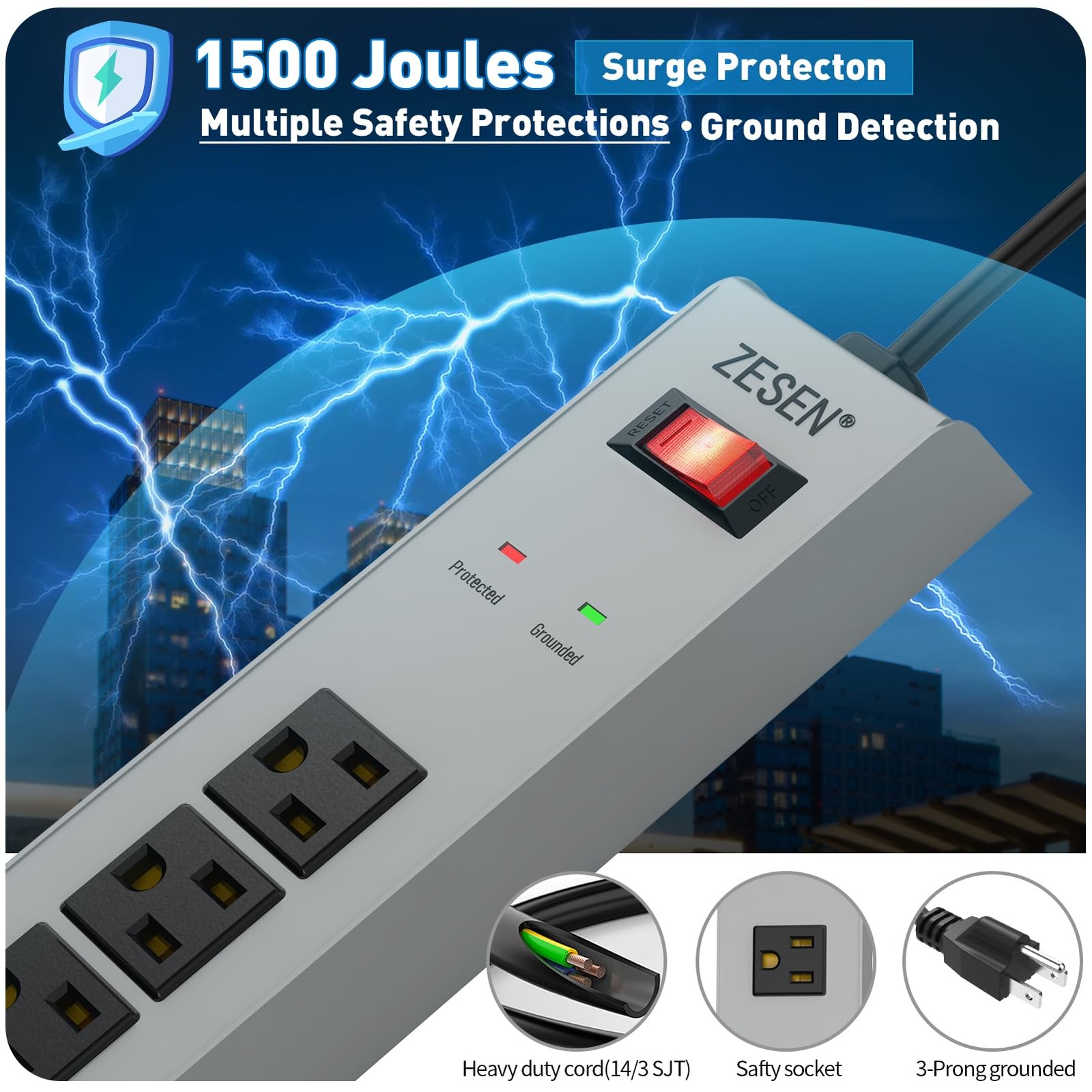 Grey 7 Outlet Metal Power Strip Overload Protection 6ft Cord Wall Mount 15A