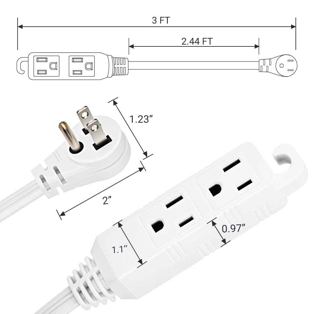 DEWENWILS 2 Pack 3 Ft Extension Cord with Flat Plug,, 16 AWG SJTW SPT-3 Cord