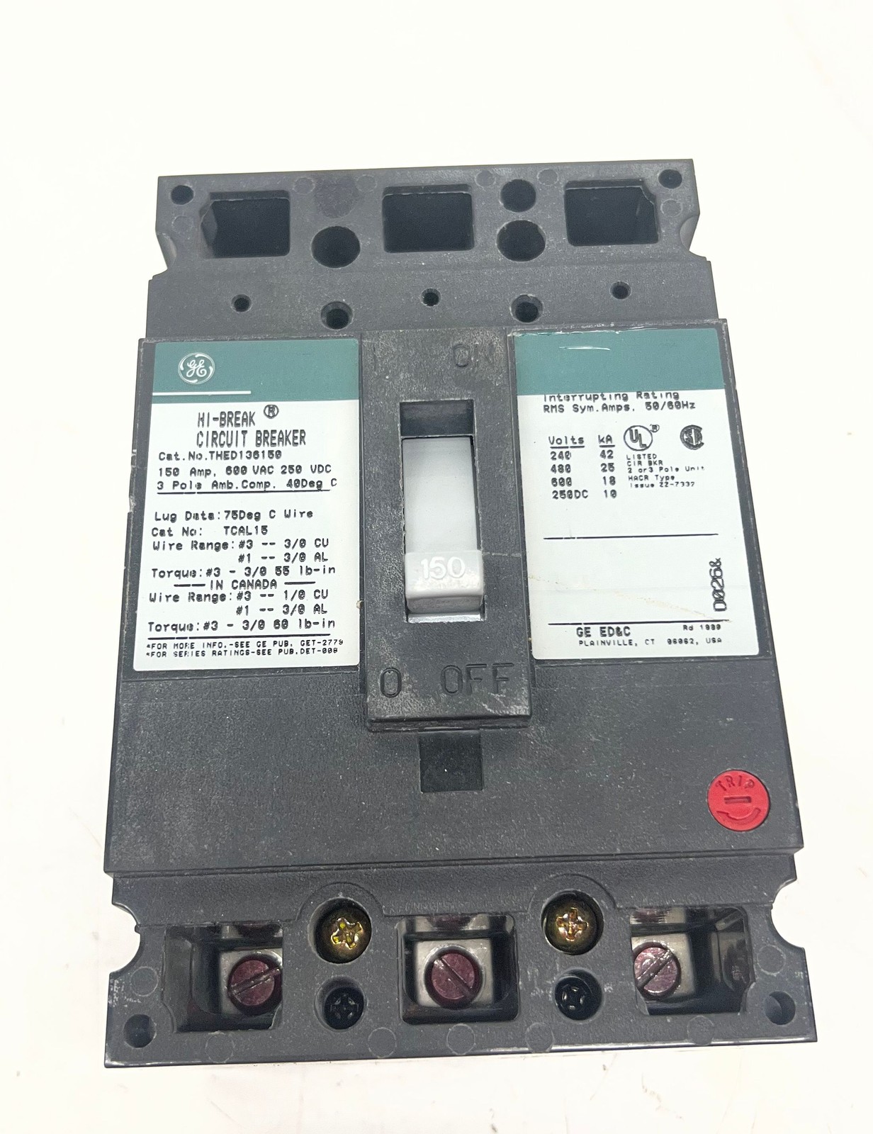 GE THED136150 150 AMP 3 Pole 600V HI-BREAK CIRCUIT BREAKER