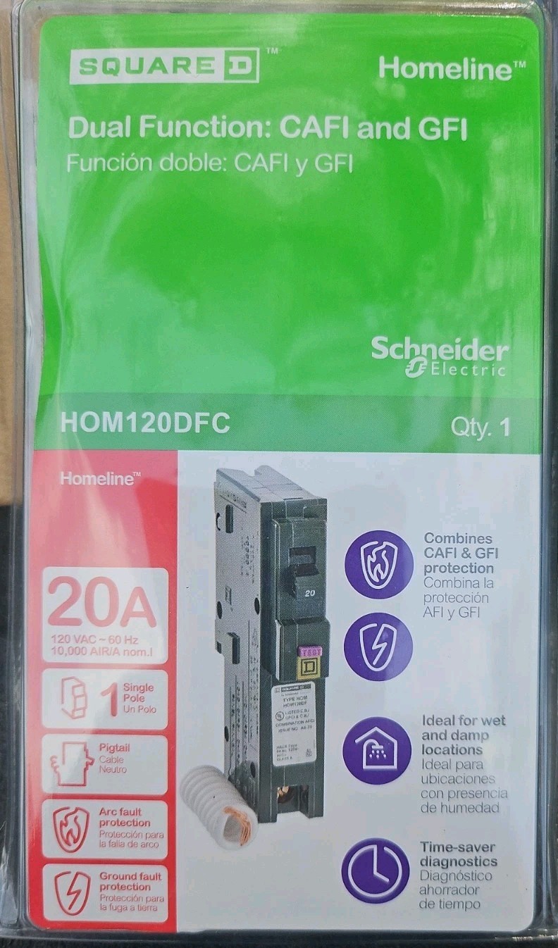 Square D HOM120DFC 20A Single Pole Dual Function CAFCI & GFCI Circuit Breaker