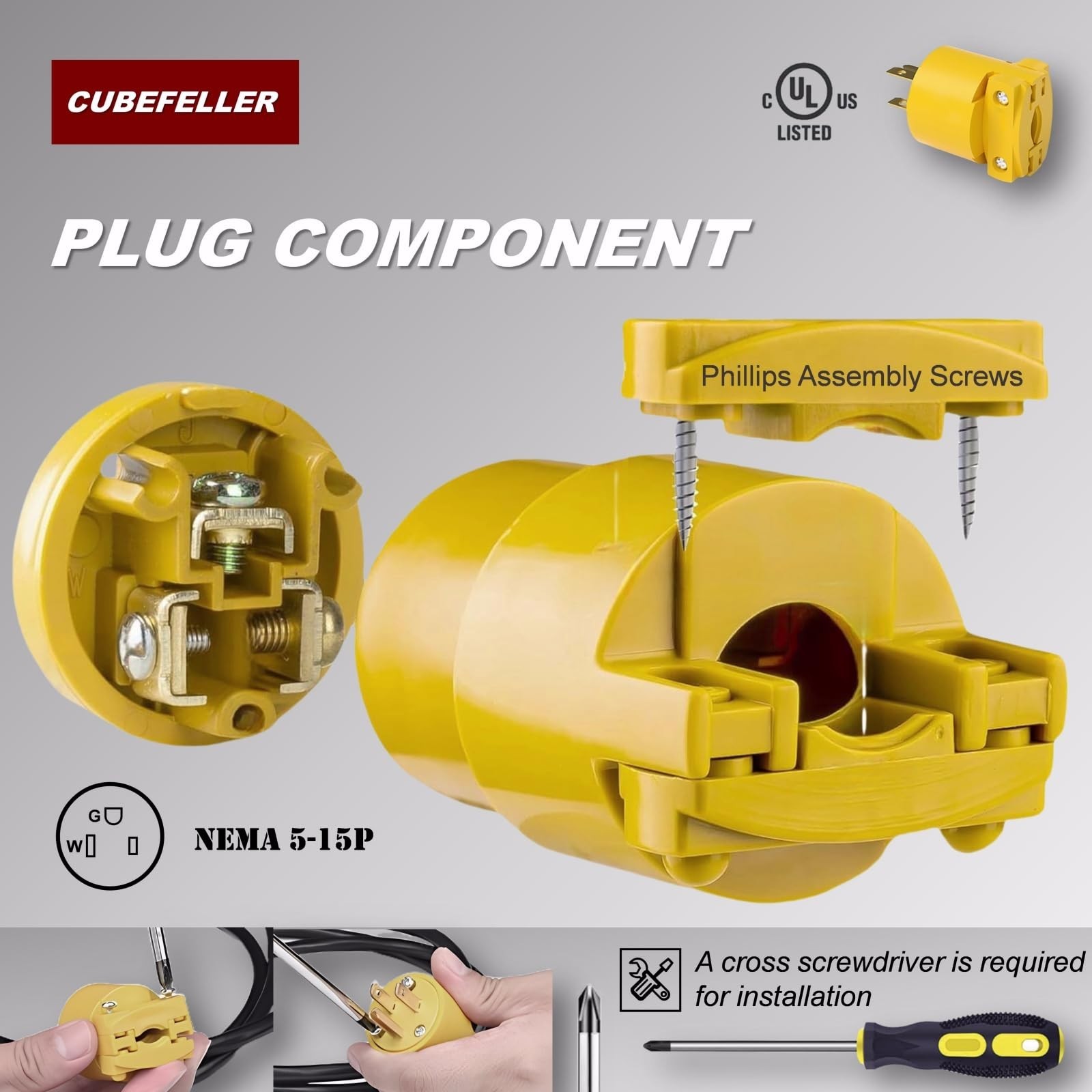 Male Extension Cord End Plug Kit 3 Prong 15Amp 125Volt NEMA 5-15P UL Listed NEW